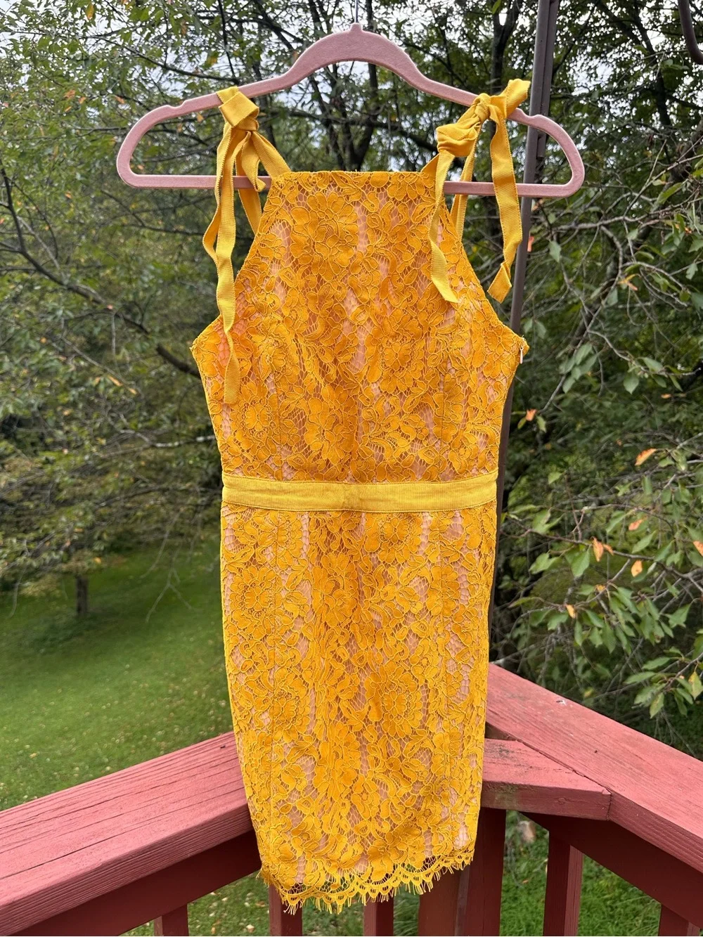 Endless Rose Anthropologie Mustard Yellow Lace Tie-Shoulder Mini Dress NWT